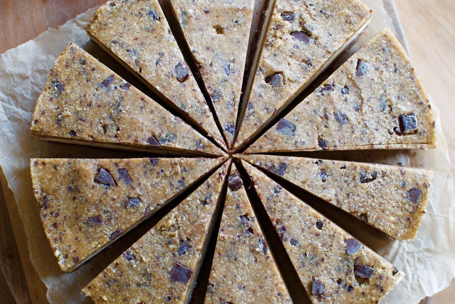 Three layer no-bake cake - brownie, vanilla cheesecake and chocolate chip cookie dough