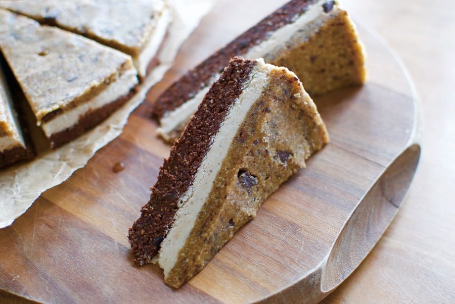 Three layer no-bake cake - brownie, vanilla cheesecake and chocolate chip cookie dough